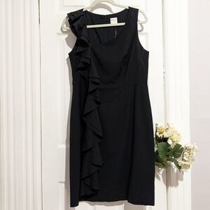 Red Valentino Ruffle Black Dress Midi Virgin Wool Blend